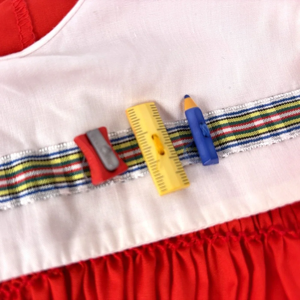 VTG Polly Flinders Embroidered Smocked Dress Sz 6 Red White School‎ Bus Charms